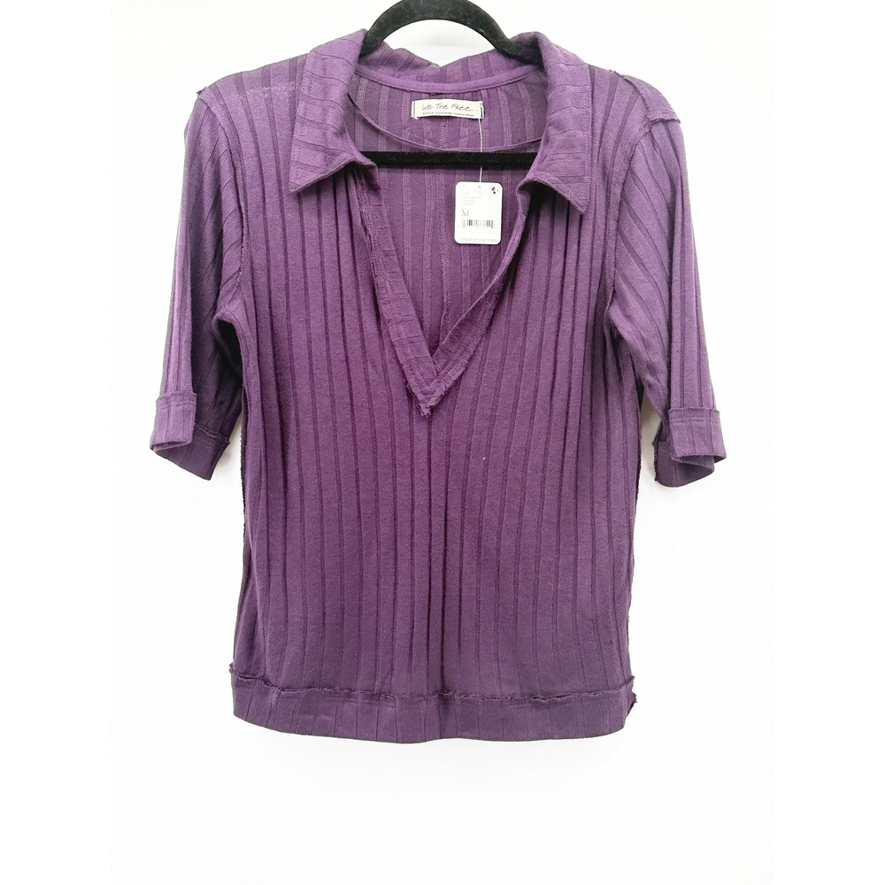 We The Free Free People Moonscape Purple Ribbed V-Neck Polo Top Medium OB1645827